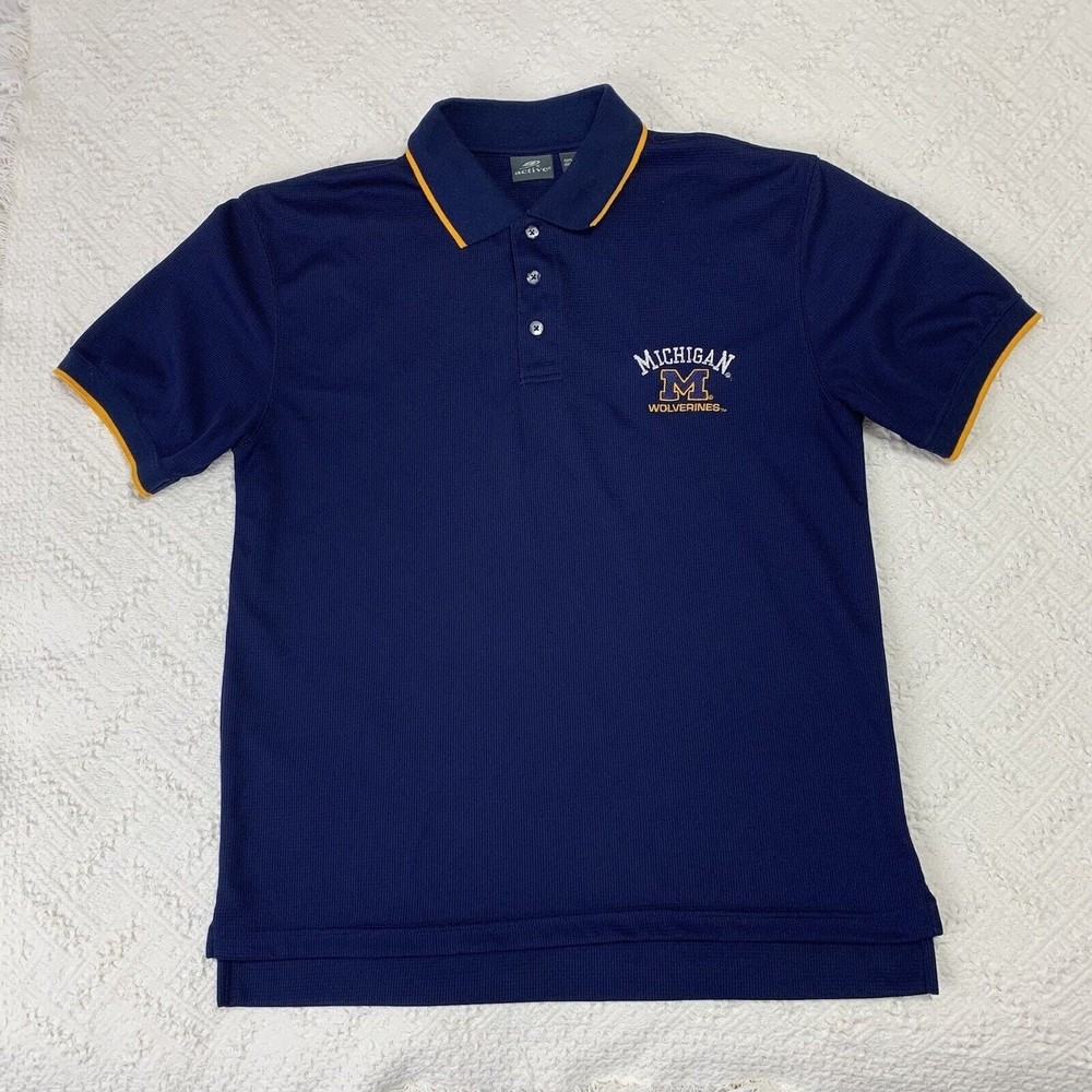VINTAGE Michigan Wolverines Polo Shirt Adult Large Active Blue Cotton Mens